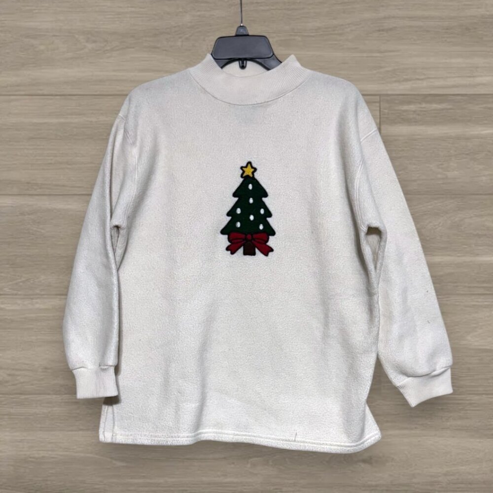 Vintage Embroidered Christmas Tree Mock Neck Fleece Sweatshirt M/L